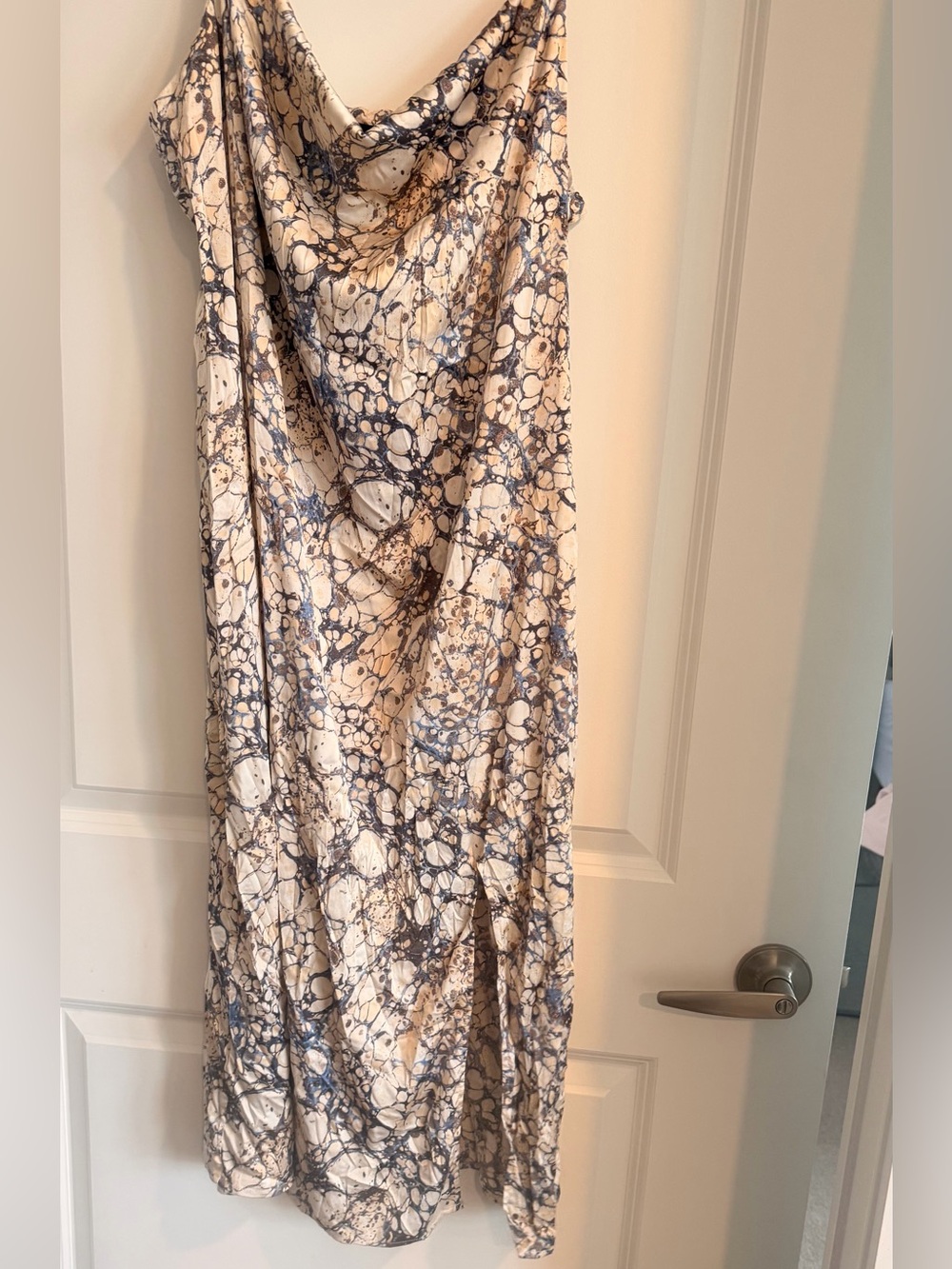 Spaghetti Strap Marble-Print Slip Dress in Beige and Gray